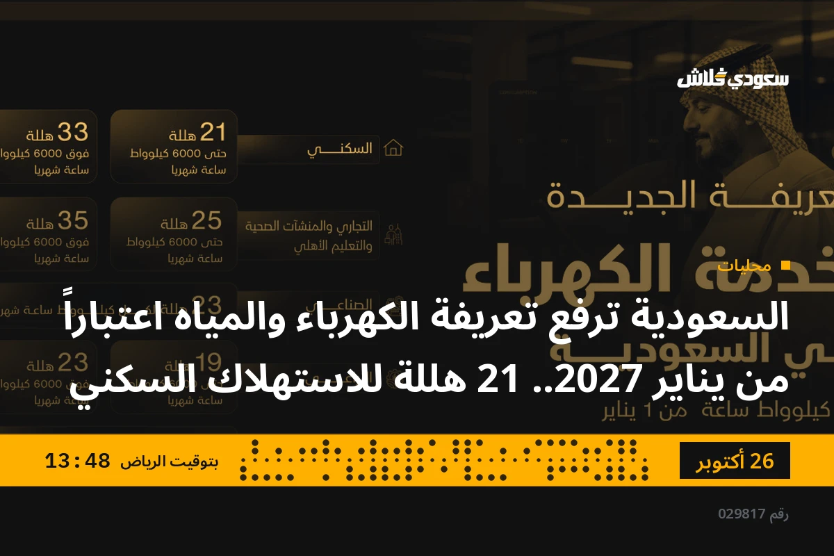 السعودية ترفع تعريفة الكهرباء والمياه اعتباراً من يناير 2027.. 21 هللة للاستهلاك السكني