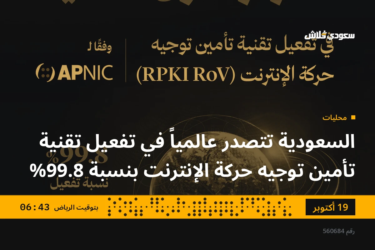 السعودية تتصدر عالمياً في تفعيل تقنية تأمين توجيه حركة الإنترنت بنسبة 99.8%
