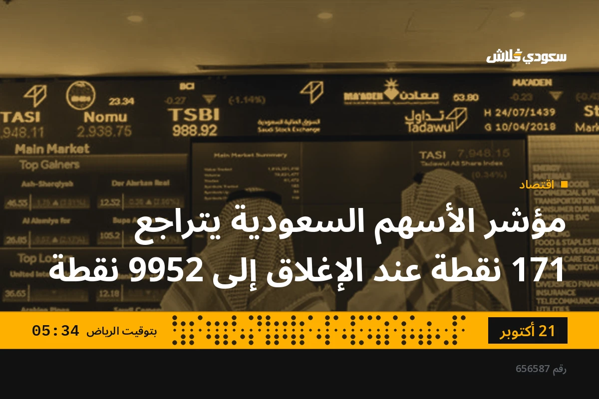 مؤشر الأسهم السعودية يتراجع 171 نقطة عند الإغلاق إلى 9952 نقطة