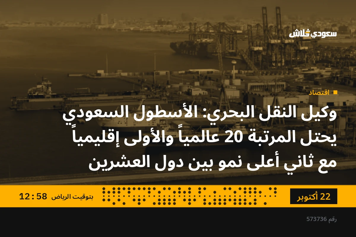 وكيل النقل البحري: الأسطول السعودي يحتل المرتبة 20 عالمياً والأولى إقليمياً مع ثاني أعلى نمو بين دول العشرين